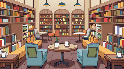 Canvas Print - A cozy bookstore cafe featuring floortoceiling bookshelves filled with an eclectic mix of new and used books. The smell of freshly brewed coffee. Cartoon Vector.