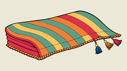 Poster - A cozy knitted blanket with colorful stripes and tassels on each end. It is soft to the touch and provides the perfect amount of warmth on a chilly. Cartoon Vector.