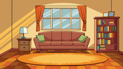 Poster - A cozy living room with a plush couch and warm colored walls. Sunlight streams in through the window highlighting the intricate patterns of the rug on. Cartoon Vector.