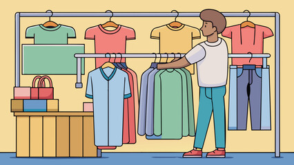 Poster - A customer is browsing through racks of clothing in a clothing store. The options range from casual tshirts to formal dresses. Some items are made of. Cartoon Vector.