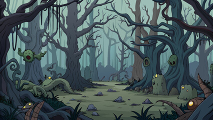 Canvas Print - A dark and eerie forest with gnarled trees and tangled vines. The ground is covered in moss and fallen leaves and the occasional rustle can be heard. Cartoon Vector.