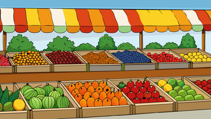 Wall Mural - A display of fruits and vegetables at a farmers market with each type of produce carefully arranged in neat rows and piles. The colors are vibrant and. Cartoon Vector.