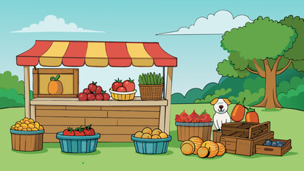 Poster - A familyowned farm stand overflowing with baskets of vibrant fruits and vegetables. The stand is tucked away in a quaint countryside setting and the. Cartoon Vector.