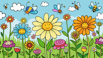 Wall Mural - A field of wildflowers bursting with color and life. Butterflies dance between the vibrant petals while bees buzz from bloom to bloom. The air is. Cartoon Vector.