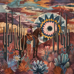Wall Mural - painting of a horse and a person in a desert with cactus trees