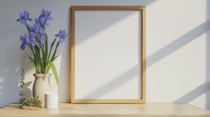 Wall Mural - Minimalist home decor with a wooden picture frame on a table near blue iris flowers on vases on a white concrete wall
