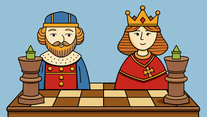 Sticker - A handcrafted wooden chess set with meticulously carved pieces in the shapes of medieval knights and queens.. Cartoon Vector.