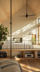 Wall Mural - there is a bed with a wooden headboard and a plant in the corner