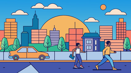 Sticker - A hush falls upon the city streets as the early morning commuters make their way to work. The gentle hum of traffic can be heard in the distance. Cartoon Vector.