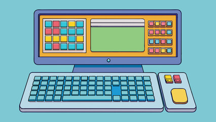 Poster - A large flat machine with a detachable keyboard and a tilting screen. The keyboard has a numeric keypad on the right and a touchpad in the center. The. Cartoon Vector.