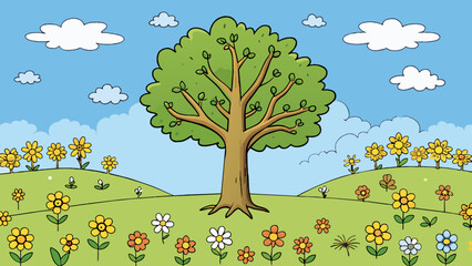 Sticker - A lone oak tree standing tall amidst a field of wilting flowers symbolizing the strength and resilience of belief in oneself.. Cartoon Vector.