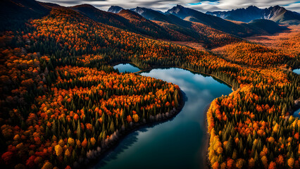 Wall Mural - Drone aerial view of autumn forests, lakes, and rivers, golden mountains and fields, magnificent scenery, background, and banners