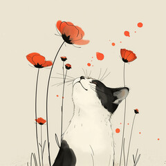 Wall Mural - there is a cat that is sitting in the grass with flowers