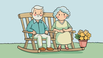 Poster - An elderly couple sits side by side on a wooden rocking chair on their front porch gently swaying as they chat. The chair is wellworn with a faded. Cartoon Vector.