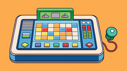 An electronic device with a glass screen and a keyboard underneath. The screen can display colorful images and text and the keyboard has small raised. Cartoon Vector.
