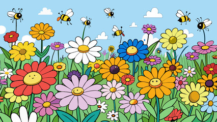 Sticker - An expansive field of wildflowers each bloom unique in color and shape. Bees buzz around collecting nectar from the vibrant petals.. Cartoon Vector.