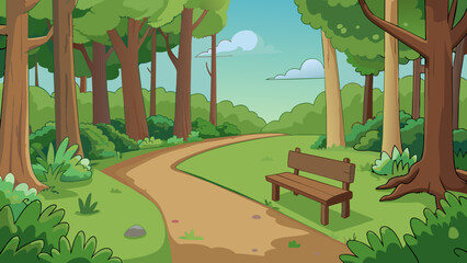 Sticker - An outdoor path winds through a dense forest lined with towering trees and lush greenery. In the distance a wooden sign points to a small park bench. Cartoon Vector.