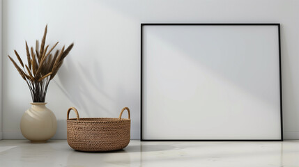 Wall Mural - there is a picture frame and a basket on the floor