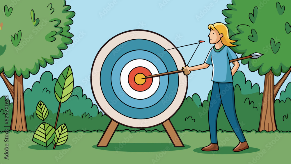 A person steps up to a wooden target aiming their bow and arrow towards ...