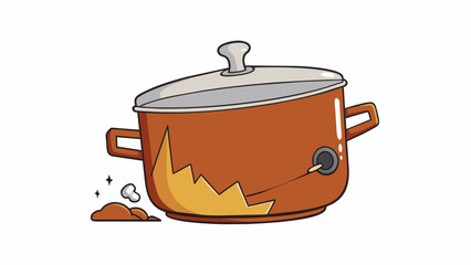 Sticker - A pot that has a large crack on the side rendering it unusable for cooking.. Cartoon Vector.