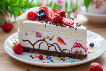 Wall Mural - there is a piece of cake with berries and chocolate on it