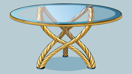 Sticker - A round glass table with a metallic frame and three twisted legs resembling a modern sculpture. The transparent surface reveals the intricate gold and. Cartoon Vector.