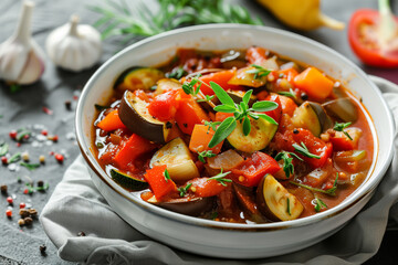 Wall Mural - there is a bowl of vegetable stew with a spoon and a napkin