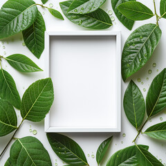 Wall Mural - there is a white frame surrounded by green leaves and dots