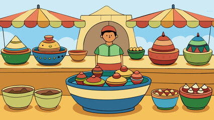 Wall Mural - A set of handcrafted ceramic bowls is being sold at a local market. Each bowl is uniquely shaped and painted by hand making them oneofakind pieces.. Cartoon Vector.