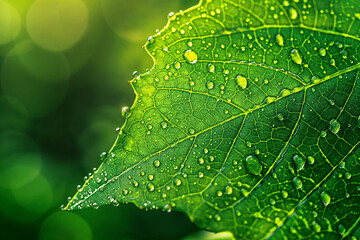 Poster - water drops on a green leaf in a macro photo style