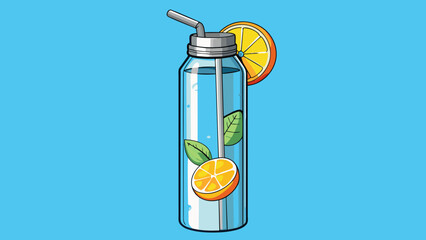 Poster - A sleek silver water bottle with a brightlycolored straw filled with ice cold water and slices of citrus fruits floating inside. The bottle glistens. Cartoon Vector.