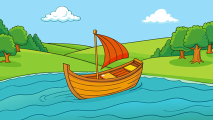 Poster - A small wooden boat is floating in the crystal clear water of an ocean. The boat has a bright orange sail that is catching the wind and propelling it. Cartoon Vector.