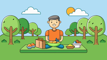 Sticker - A smiling person enjoying a picnic in a park surrounded by trees and fresh air. The person is relaxed and content soaking up the physical and mental. Cartoon Vector.