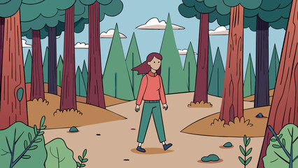 Poster - As she walked through the forest the air was filled with the almost sweet scent of pine and damp earth. The canopy of trees almost blocked out the sun. Cartoon Vector.