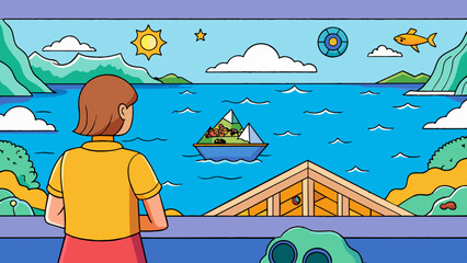 Wall Mural - As she gazed out at the vast ocean she couldnt help but think of how much it held. The endless expanse of blue water stretched as far as the eye could. Cartoon Vector.