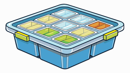 Poster - A square storage container made of clear plastic used for keeping food fresh. It has a hinged lid and several compartments inside for organizing. Cartoon Vector.