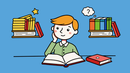 A student at the library looking at two books one written by a wellknown author and the other by a lesserknown author. They must decide between. Cartoon Vector.