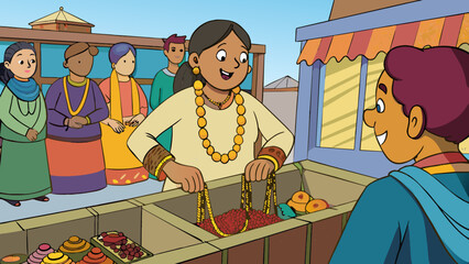 Wall Mural - At a bustling market a woman stops to admire a beautifully handcrafted necklace made by a local artisan. The moment is one of appreciation and awe as. Cartoon Vector.