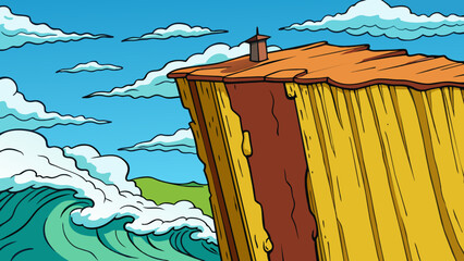 Poster - A tall cliff with a vertical edge towering above the crashing waves below.. Cartoon Vector.