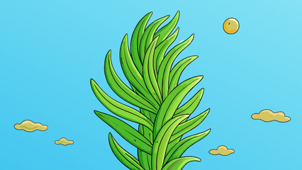 Canvas Print - A tall green plant sways in the breeze its leaves rustling and glistening in the sunlight.. Cartoon Vector.