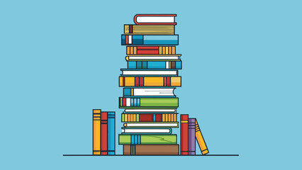 Sticker - A tall stack of books on a bookshelf reaching almost to the ceiling can be described as much literature.. Cartoon Vector.