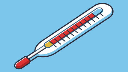 Sticker - A thermometer is a measuring device used to determine temperature and is often made of glass or metal. It can measure both high and low temperatures. Cartoon Vector.