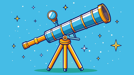 Poster - A telescope pointed towards the night sky captures images of bright stars and distant galaxies. The telescope is equipped with lenses and mirrors to. Cartoon Vector.