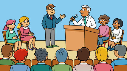 Canvas Print - A town hall meeting in progress with a diverse group of community members gathered each taking turns speaking into a microphone expressing their. Cartoon Vector.