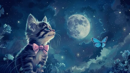  Cute kitten watching a butterfly under the moon