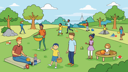 Poster - At the local park couples and families take advantage of the beautiful weather and gather for a picnic. The grass is lush and green perfect for a game. Cartoon Vector.