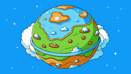 Poster - A vast blue sphere floating in space covered in swirling white clouds and dotted with patches of brown and green land. Its surface is constantly. Cartoon Vector.