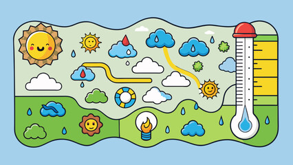 Canvas Print - A weather map showing colorful symbols representing different temperatures and precipitation levels across a region.. Cartoon Vector.