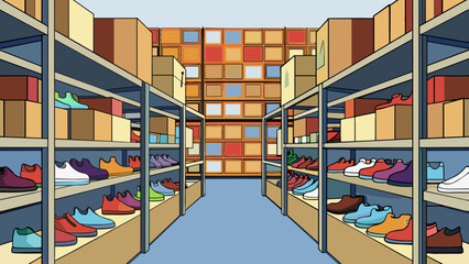 Wall Mural - A warehouse with rows of shelves lined with different sizes and colors of shoes. The shoes are neatly arranged and each pair is p in its own box. The. Cartoon Vector.