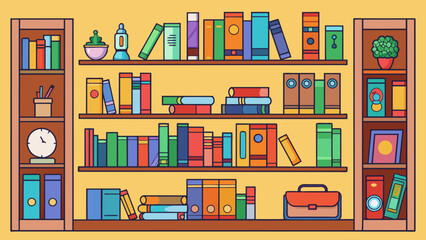 Wall Mural - A wellorganized bookshelf filled with an assortment of colorful books and trinkets creating a visually appealing and inviting atmosphere.. Cartoon Vector.